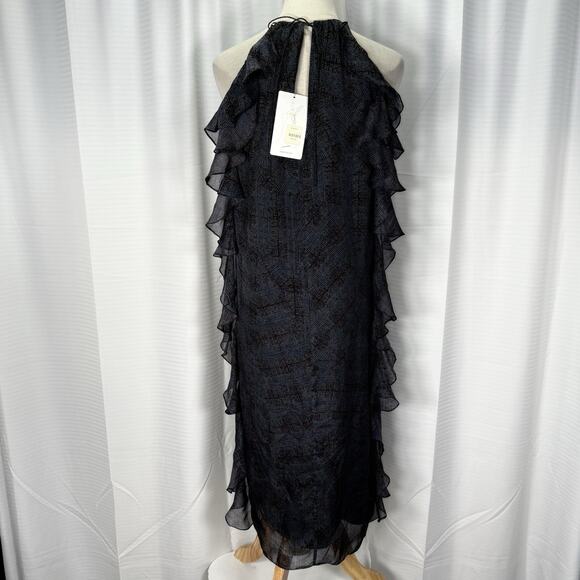 NWT Tibi 100% Silk Ruffle Dress Women's Size 0 S Black Blue Whimsical - Picture 4 of 11